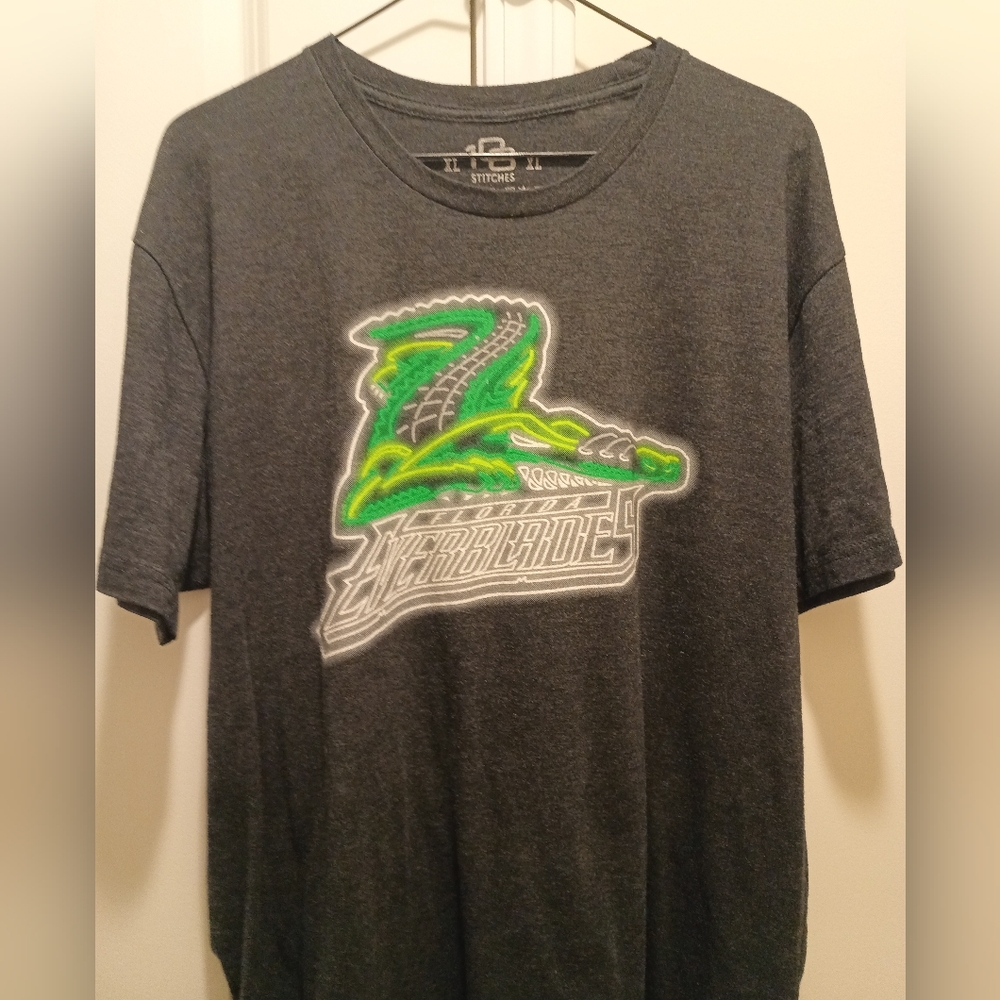 108 Stitches Charcoal Grey Tee with Neon Green Florida Everblades Gator Logo